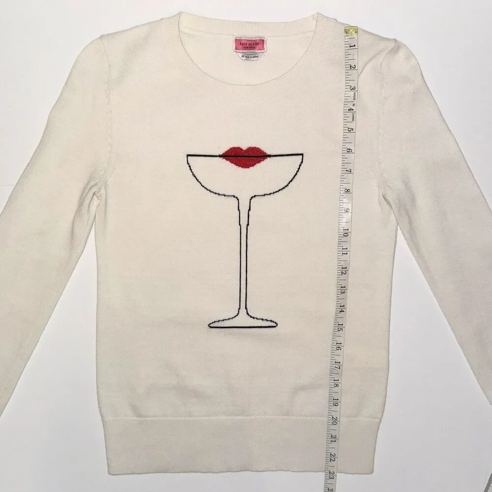 Kate Spade Cocktail Kiss Sweater Cream Cotton Silk Knit Crewneck Pullover XS